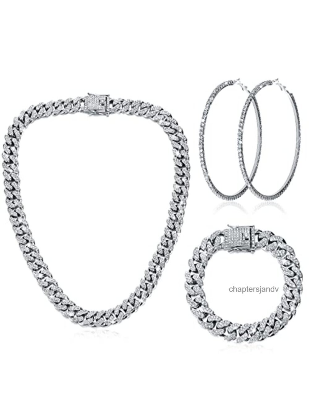 Rhinestone Cuban Link Necklace Bracelet Earrings Jewelry Set Hip Hop
